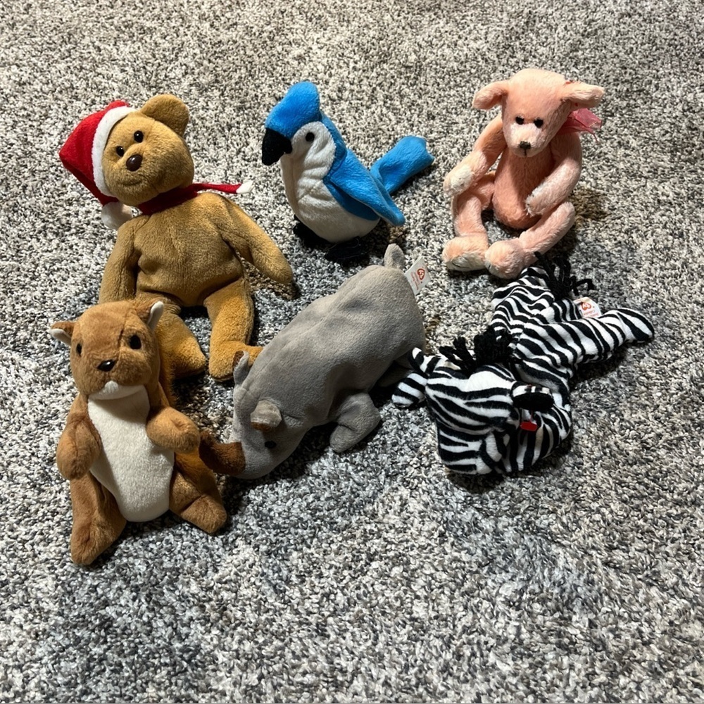 VTG 1990’s Ty Beanie Babies (Lot of 6) Variety Plush Stuffed Animals Bear, Rhino